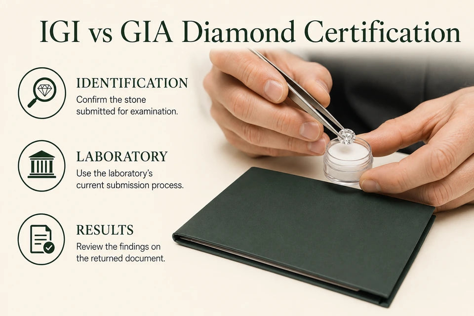 IGI vs GIA Diamond Certification: Confirm the stone submitted for examination. Use the laboratory’s current submission process.