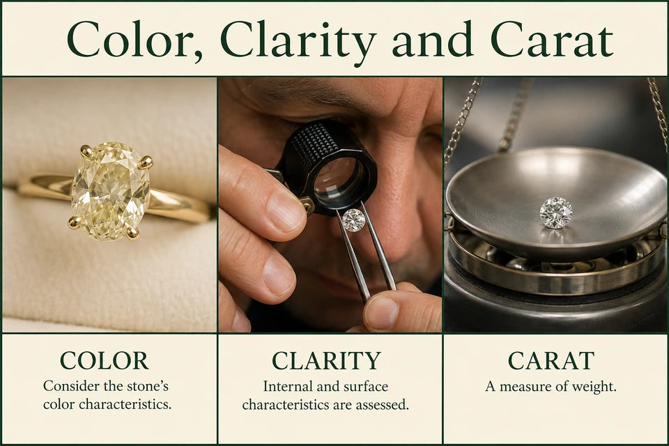 Diamond Color, Clarity, and Carat Guide: Consider the stone’s color characteristics. Internal and surface characteristics are assessed.