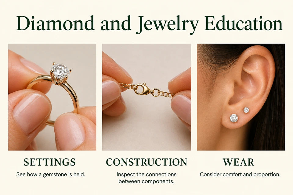 Diamond and Jewelry Education: See how a gemstone is held. Inspect the connections between components.
