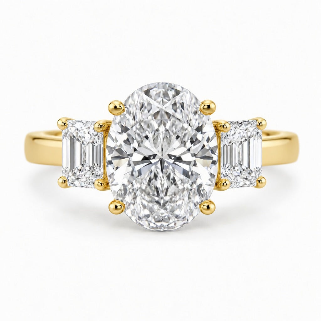 2.00 CT Oval Lab-Grown Diamond Three-Stone Engagement Ring in 14K White Gold – Emerald Accent Design