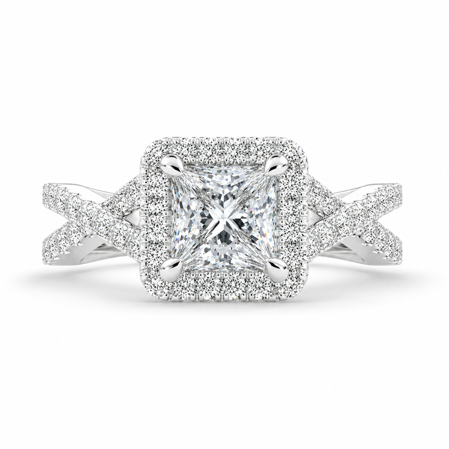 Ophelia 1.35 Carat Princess Cut Pave Halo Split Shank Engagement Ring