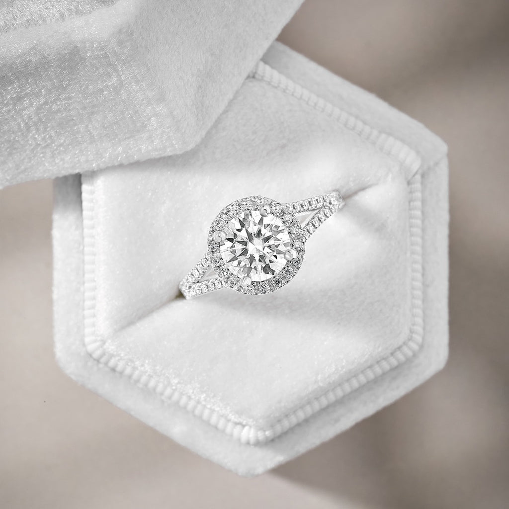 Victoria 3.38 ct Lab Grown Round Cut Halo Split Shank Diamond Engagement Ring