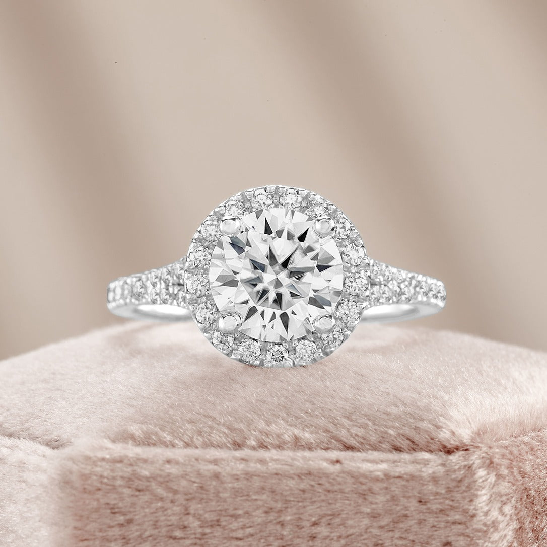 Amelie 2.91 ct Lab Grown Cushion Cut Split Shank Halo Diamond Engagement Ring.