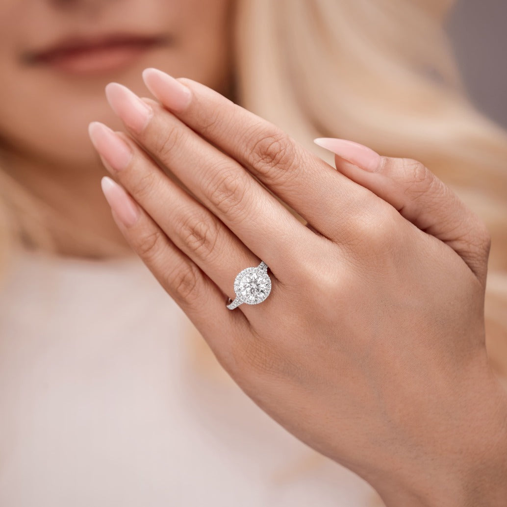 Amelie 2.91 ct Lab Grown Cushion Cut Split Shank Halo Diamond Engagement Ring.