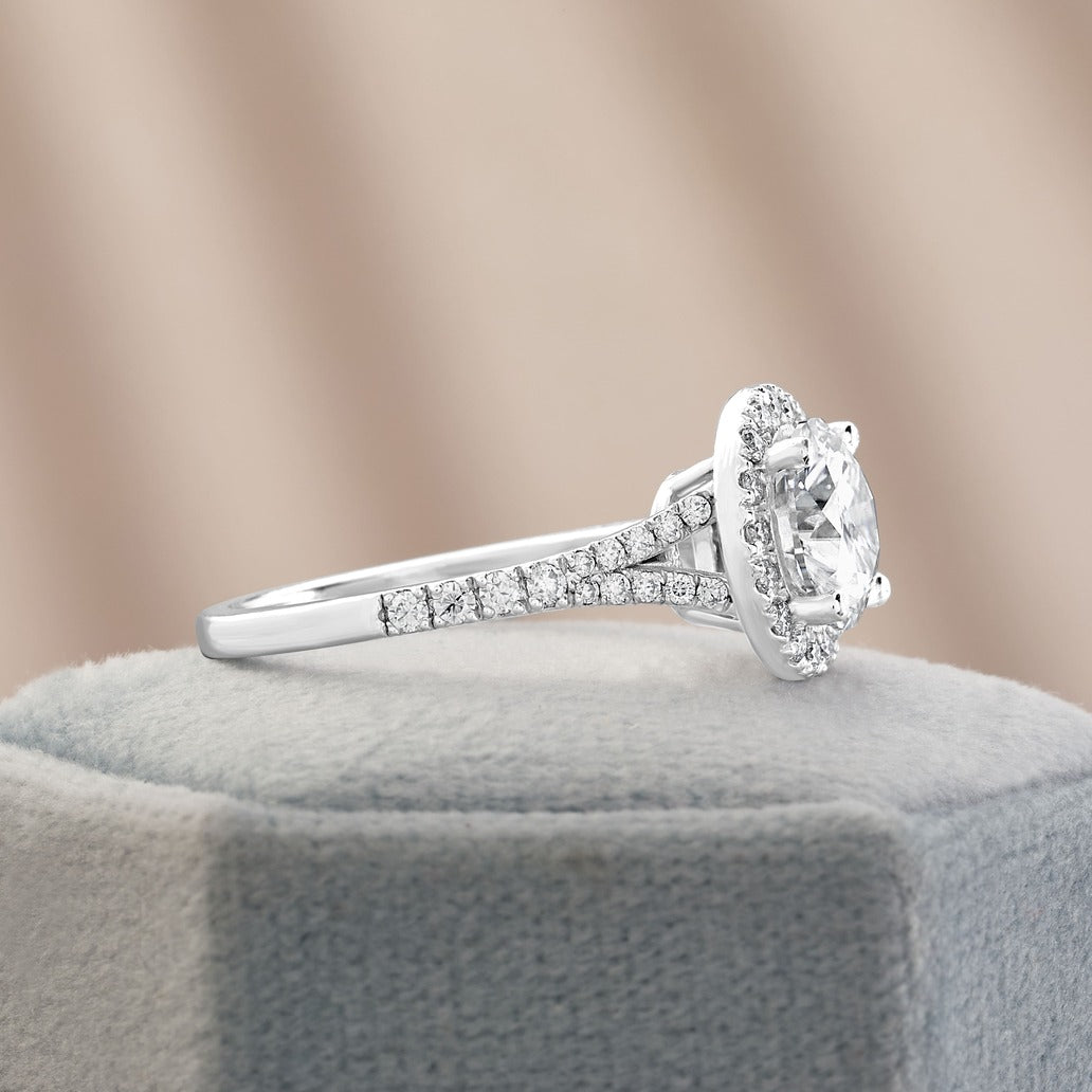 Amelie 1.91 ct Lab Grown Cushion Cut Split Shank Halo Diamond Engagement Ring.