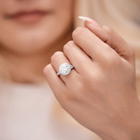 Amelie 1.41 ct Lab Grown Cushion Cut Split Shank Halo Diamond Engagement Ring.