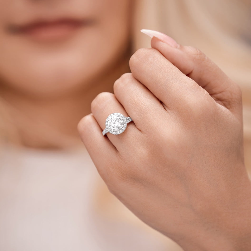 Amelie 3.41 ct Lab Grown Cushion Cut Split Shank Halo Diamond Engagement Ring.
