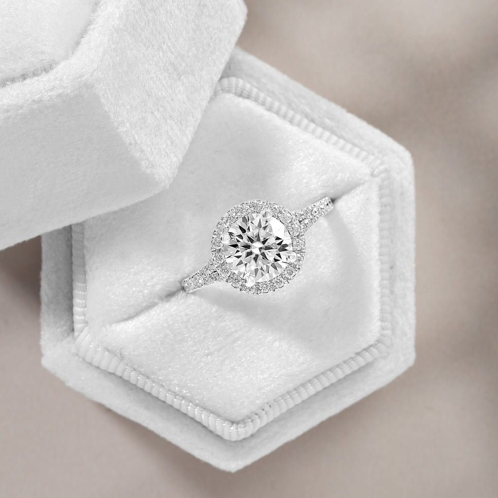 Amelie 2.41 ct Lab Grown Cushion Cut Split Shank Halo Diamond Engagement Ring.