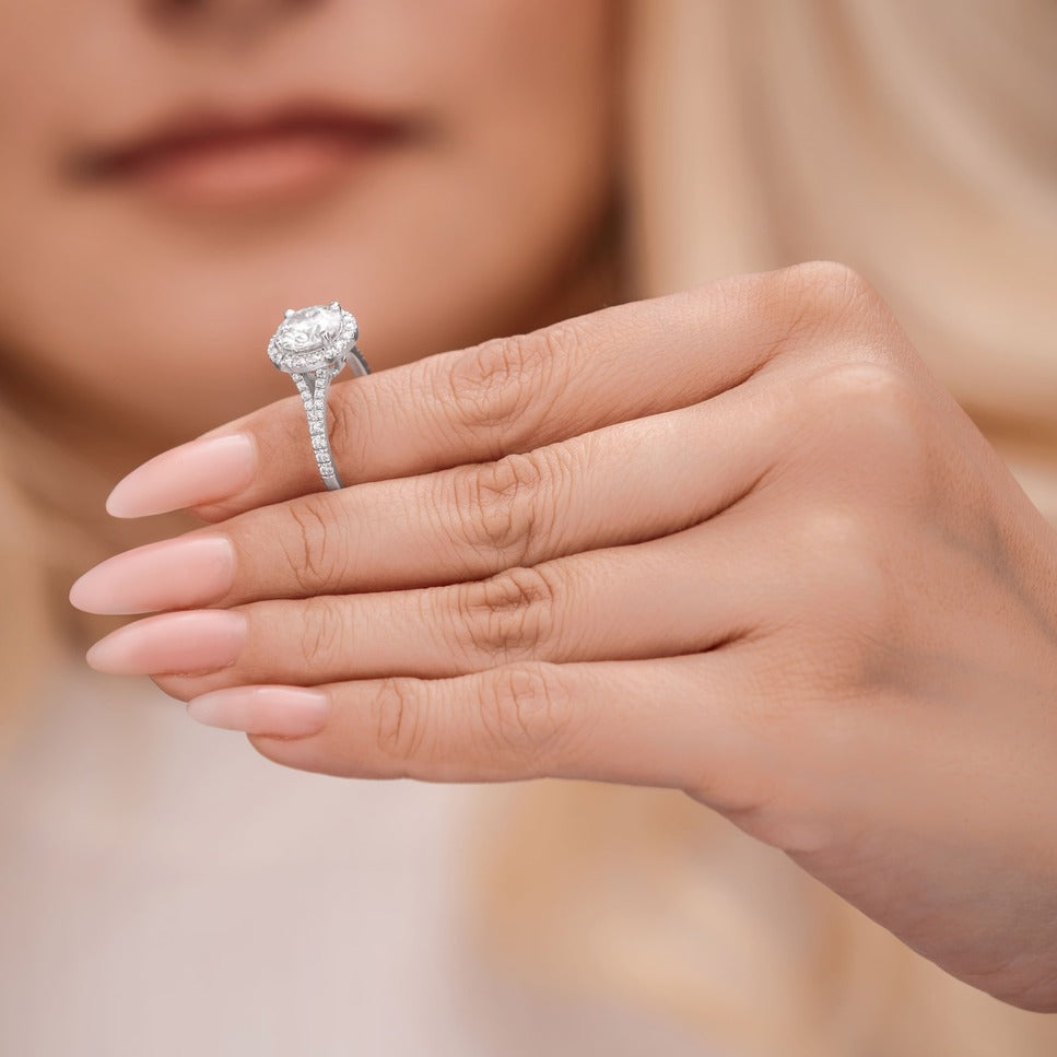 Amelie 2.41 ct Lab Grown Cushion Cut Split Shank Halo Diamond Engagement Ring.