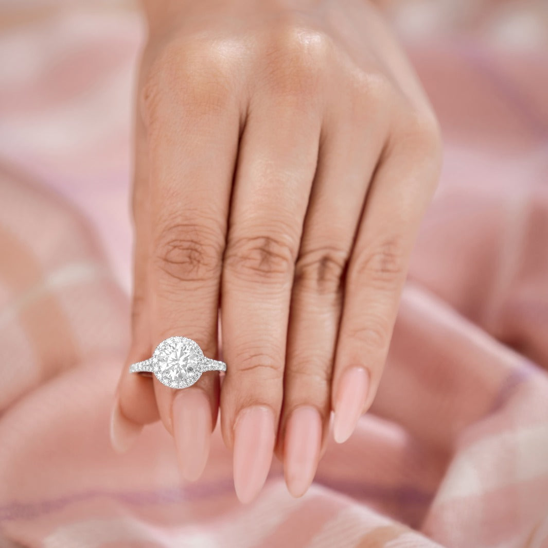 Amelie 3.41 ct Lab Grown Cushion Cut Split Shank Halo Diamond Engagement Ring.