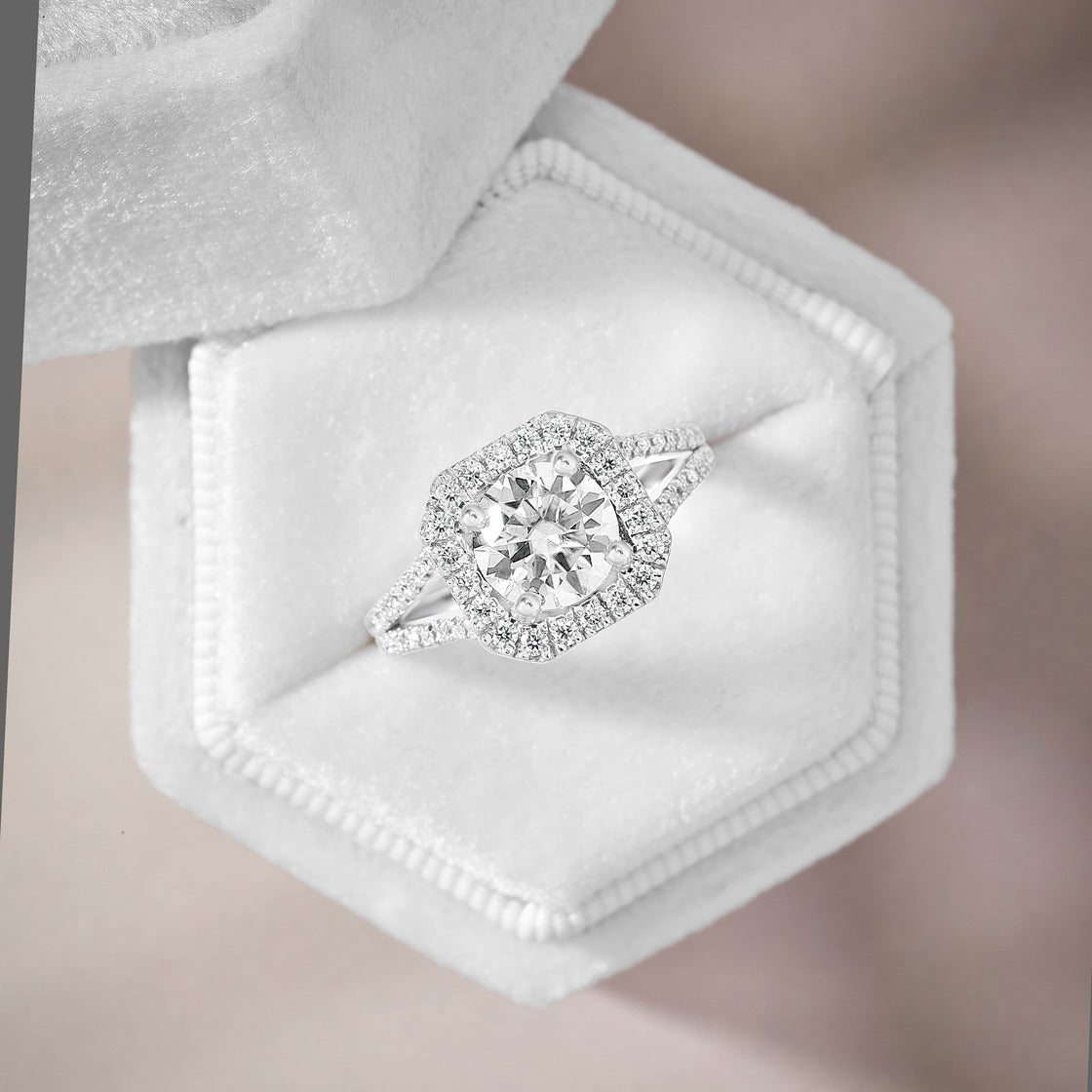Penelope 3 ct Lab Grown Round Cut Split Shank Halo Diamond Engagement Ring