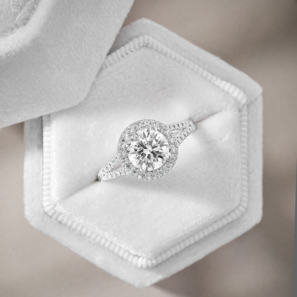 Luna 2.82 ct Lab Grown Round Cut Halo Split Shank Diamond Engagement Ring