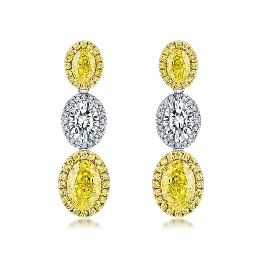 4.4 Carat Oval Cut Halo Three Stone Fancy Yellow Lab Grown Diamond Drop Earrings
