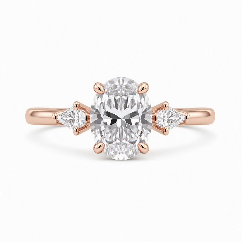 3.00 CT Oval Lab-Grown Diamond Three-Stone Engagement Ring in 14K White Gold – Kite Side Diamond IGI Certified Design