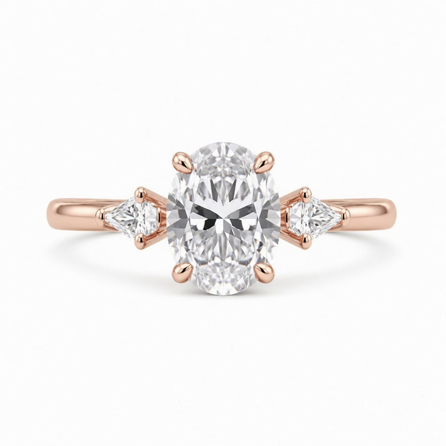 3.00 CT Oval Lab-Grown Diamond Three-Stone Engagement Ring in 14K White Gold – Kite Side Diamond IGI Certified Design