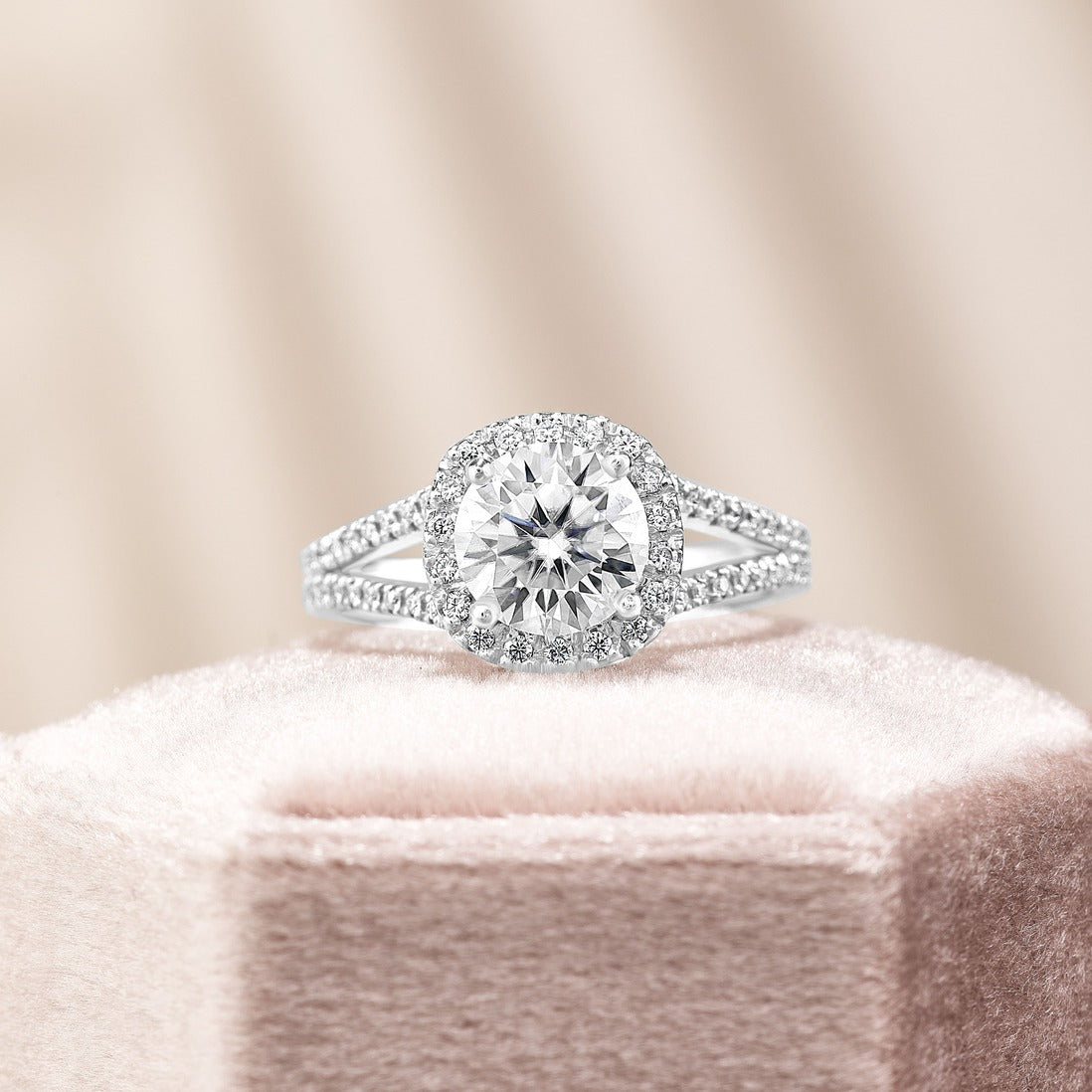 Alice 3.42 ct Lab Grown Round Cut Halo Split Shank Diamond Engagement Ring