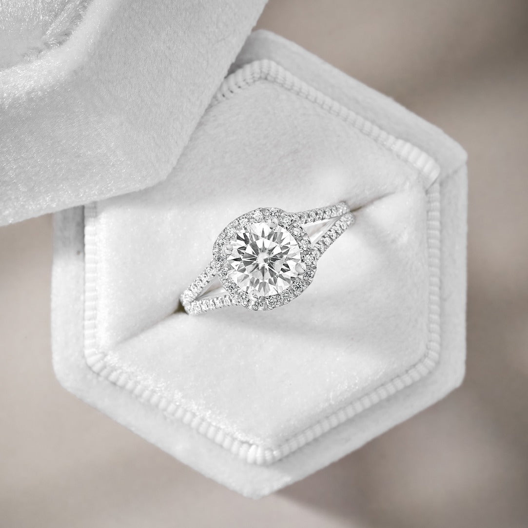 Alice 1.42 ct Lab Grown Round Cut Halo Split Shank Diamond Engagement Ring