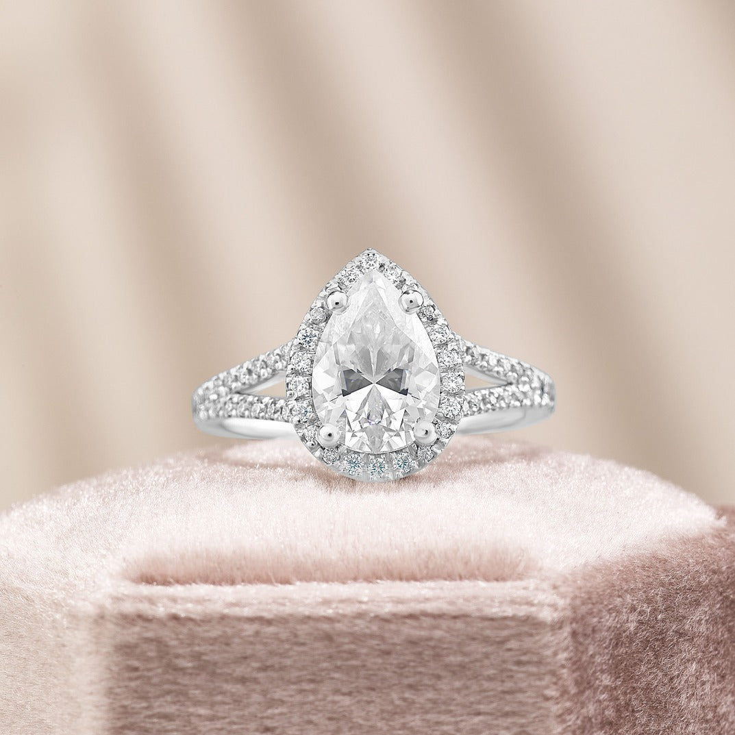 Clara 3.4 ct Lab Grown Pear Cut Halo Split Shank Diamond Engagement Ring
