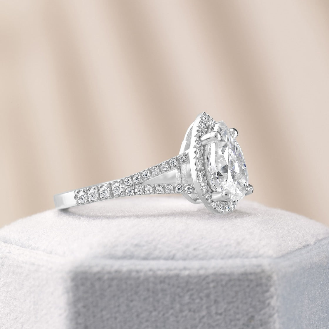Clara 1.4 ct Lab Grown Pear Cut Halo Split Shank Diamond Engagement Ring