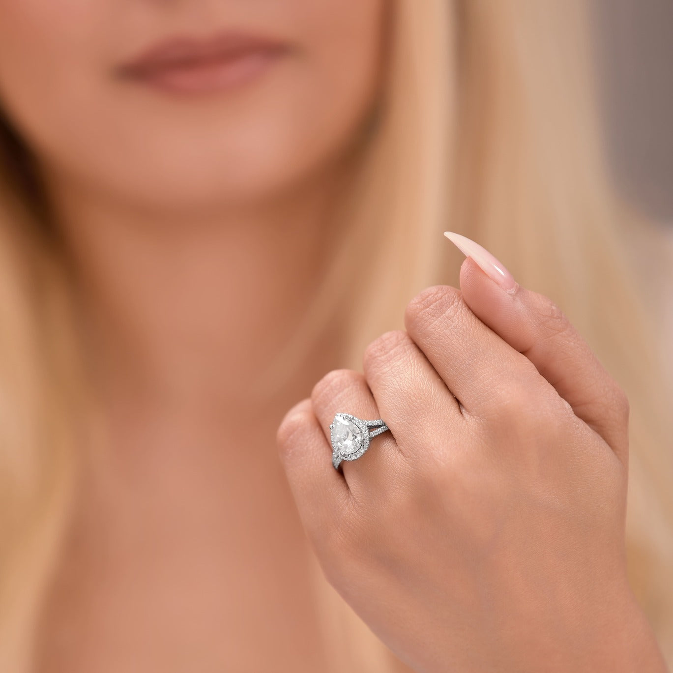 Clara 3.4 ct Lab Grown Pear Cut Halo Split Shank Diamond Engagement Ring