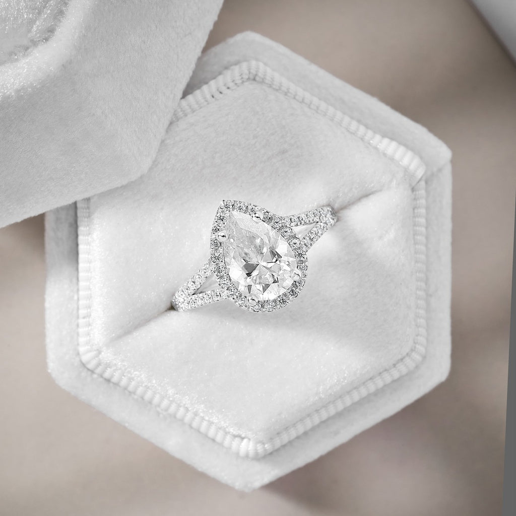 Clara 1.9 ct Lab Grown Pear Cut Halo Split Shank Diamond Engagement Ring