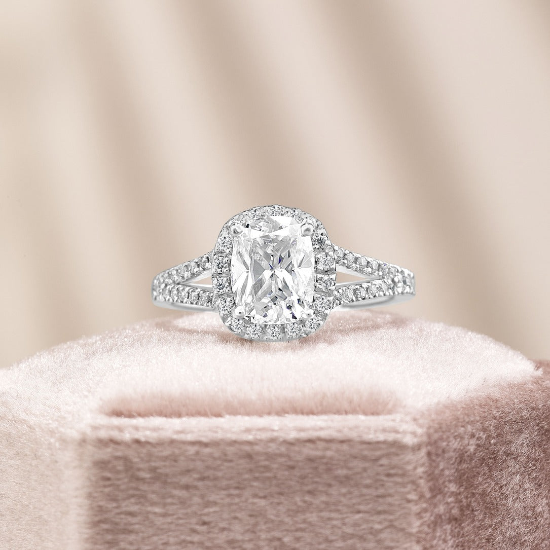 Eva 1.92 ct Lab Grown Cushion Cut Halo Split Shank Diamond Engagement Ring