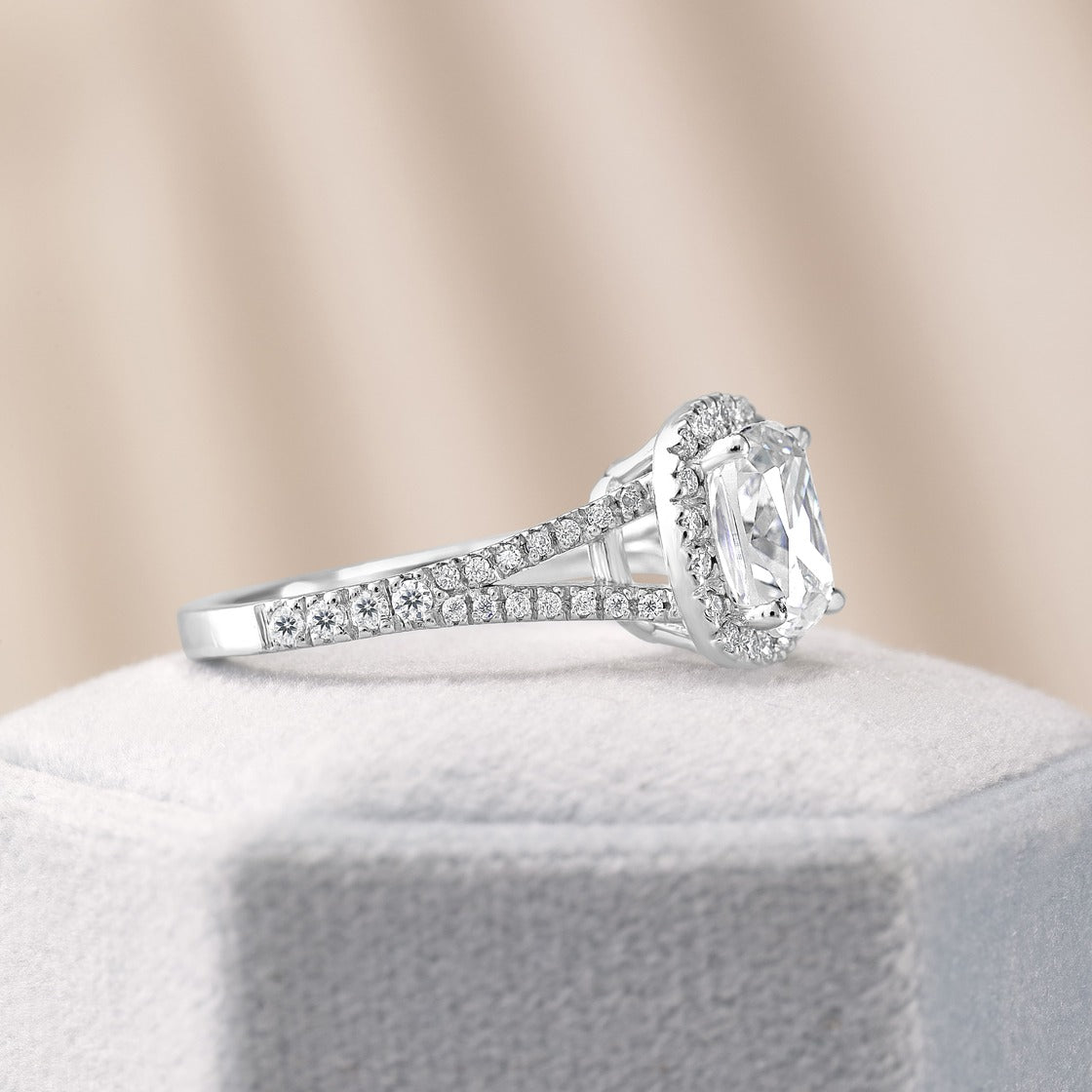 Eva 2.92 ct Lab Grown Cushion Cut Halo Split Shank Diamond Engagement Ring