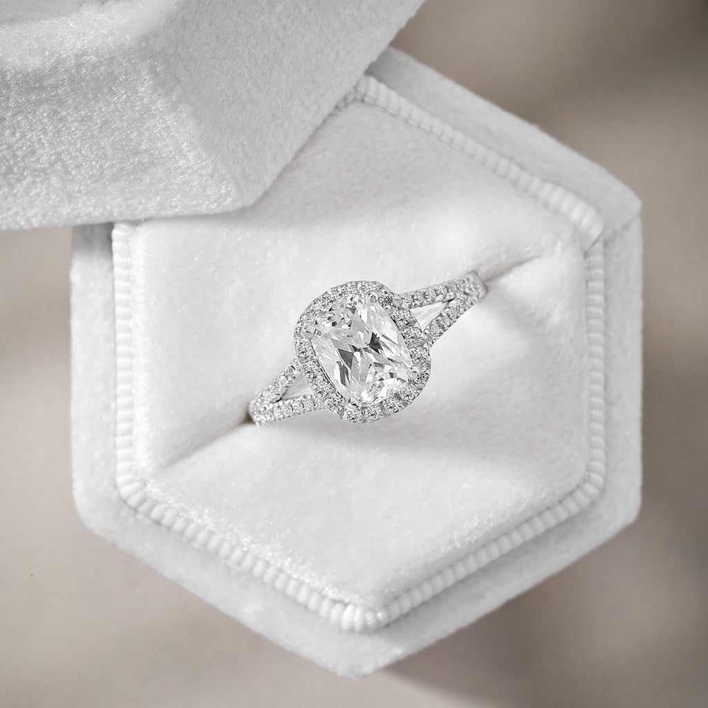 Eva 1.92 ct Lab Grown Cushion Cut Halo Split Shank Diamond Engagement Ring