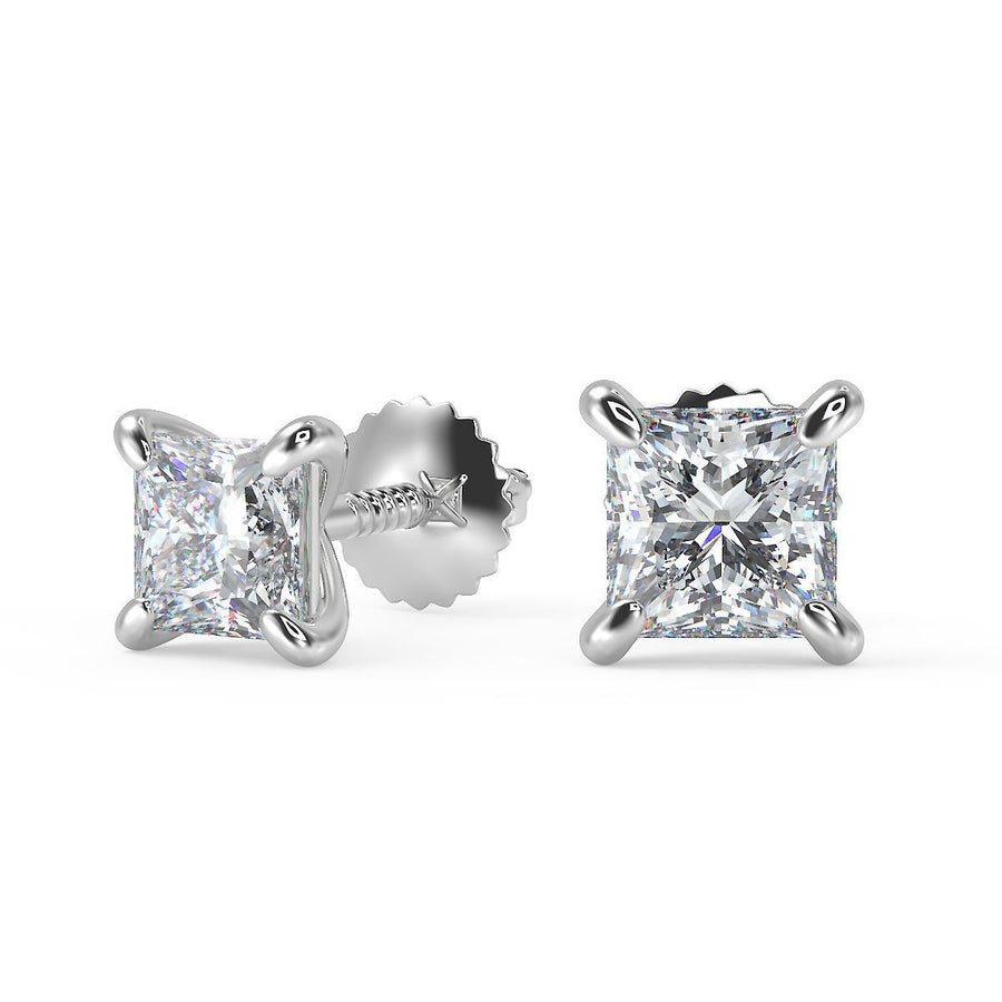 2 Ct Princess Cut Stud Diamond Earrings VS1 D Screw Back White Gold 14k