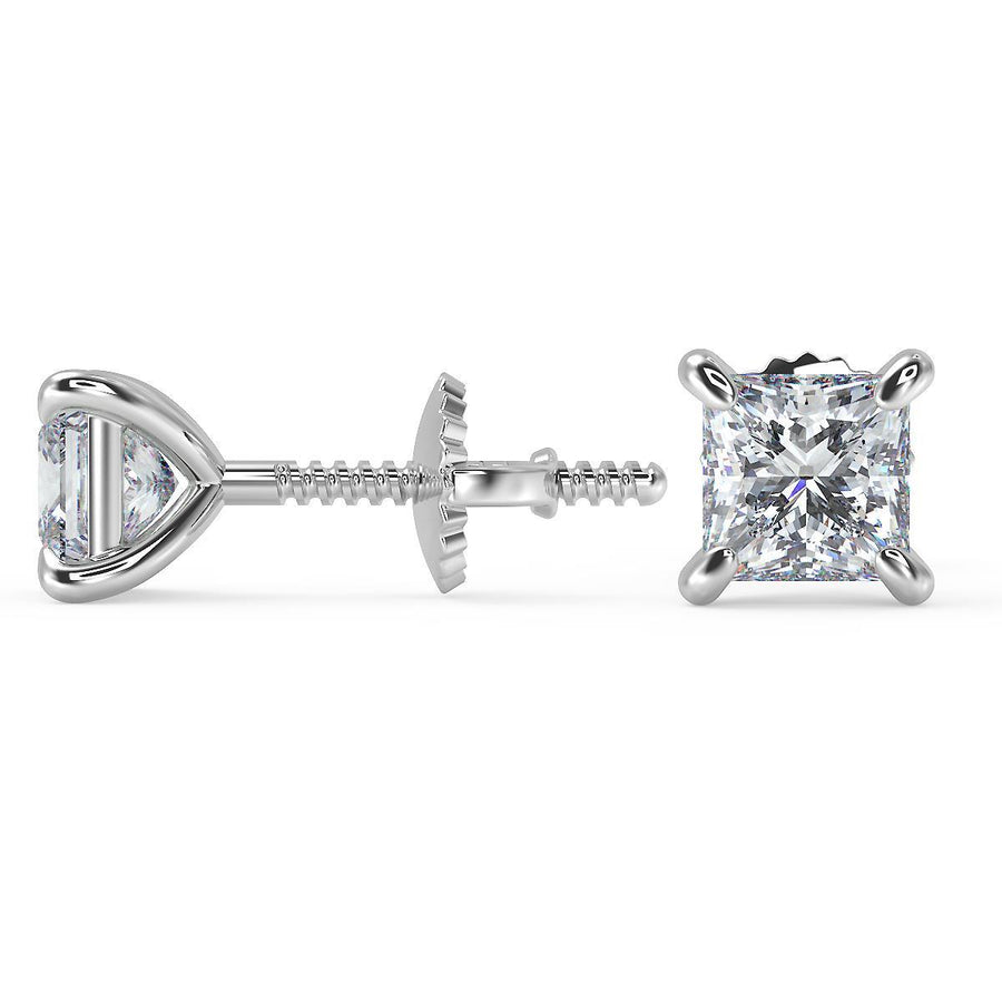 2 Ct Princess Cut Stud Diamond Earrings VS1 D Screw Back White Gold 14k