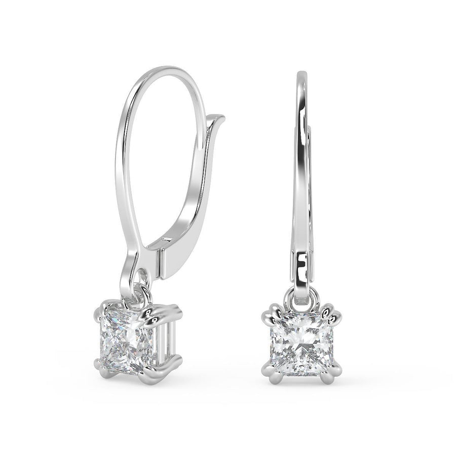 1.5 Ct Princess Cut Double Prong Diamond Earrings VS1 D Leverback