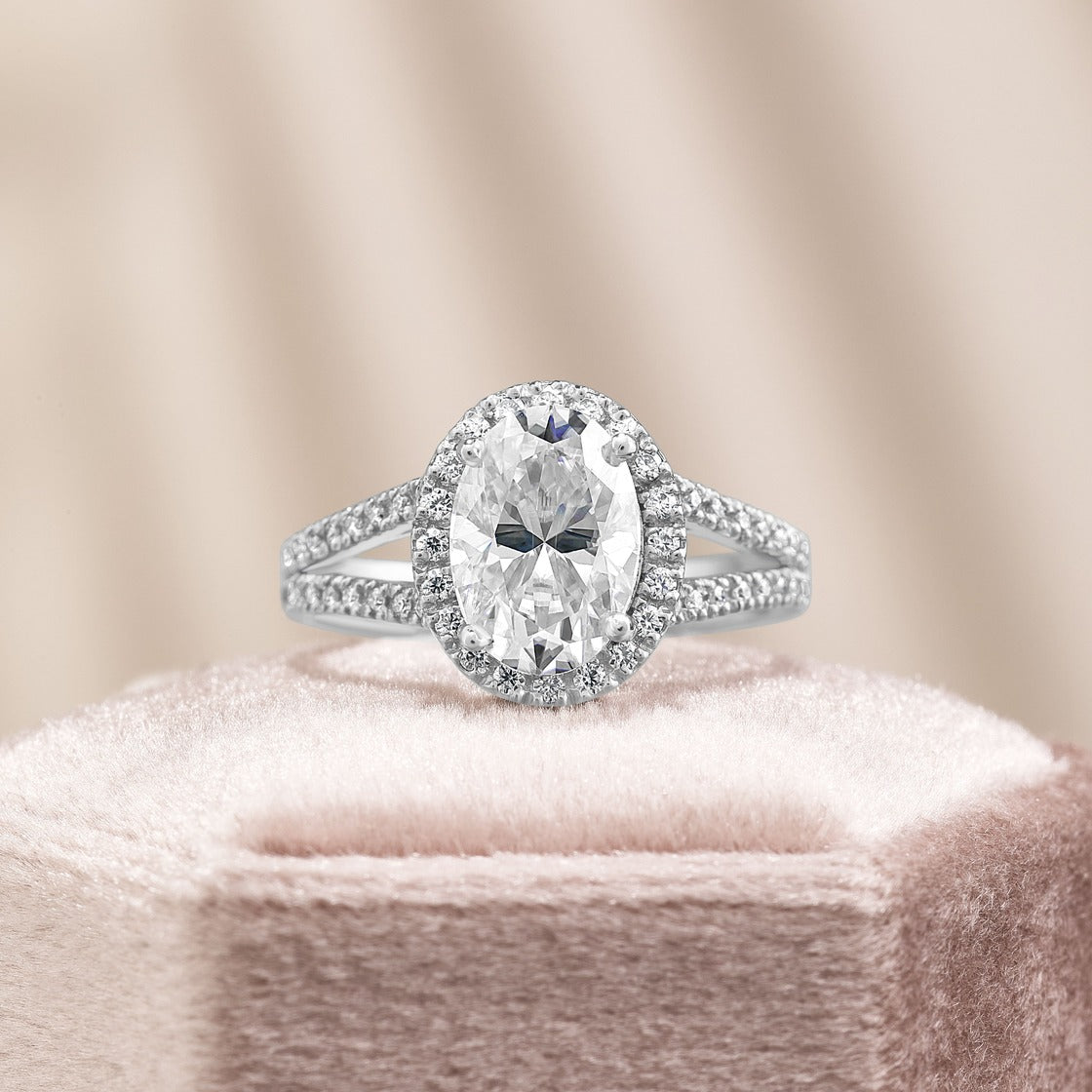 Leah 3.39 ct Lab Grown Oval Cut Halo Split Shank Diamond Engagement Ring