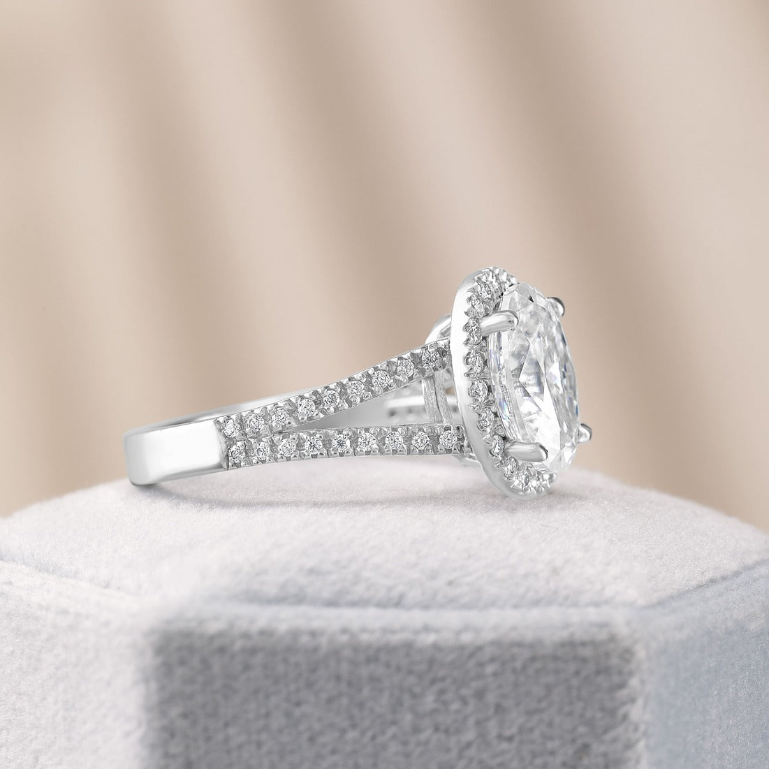 Leah 3.39 ct Lab Grown Oval Cut Halo Split Shank Diamond Engagement Ring