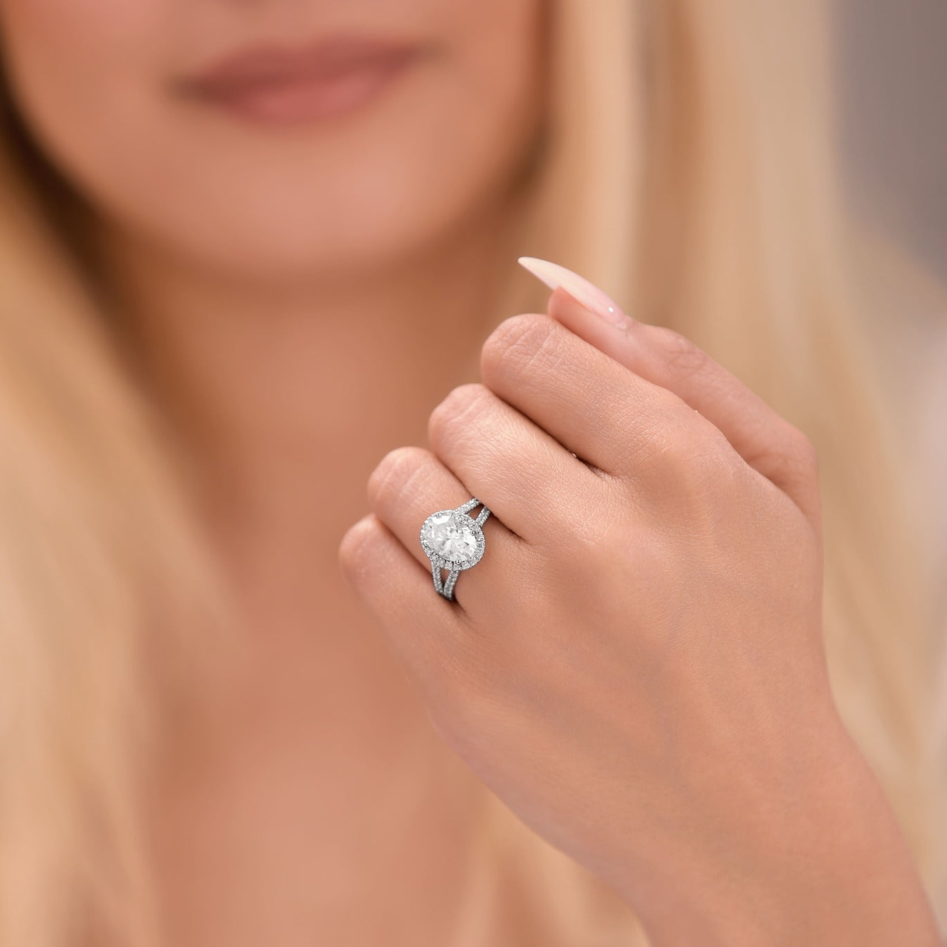 Leah 3.39 ct Lab Grown Oval Cut Halo Split Shank Diamond Engagement Ring