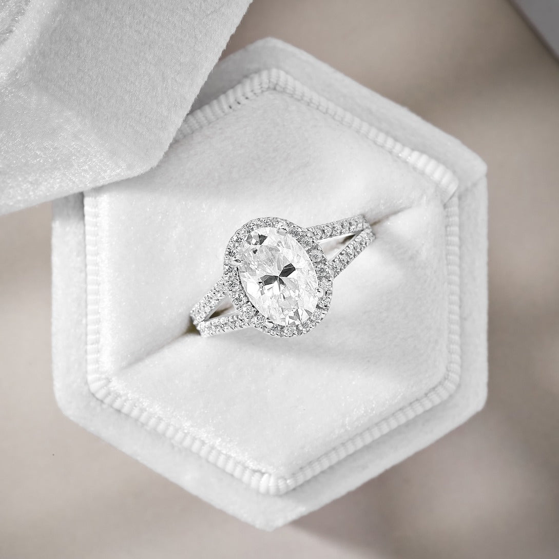 Leah 3.39 ct Lab Grown Oval Cut Halo Split Shank Diamond Engagement Ring