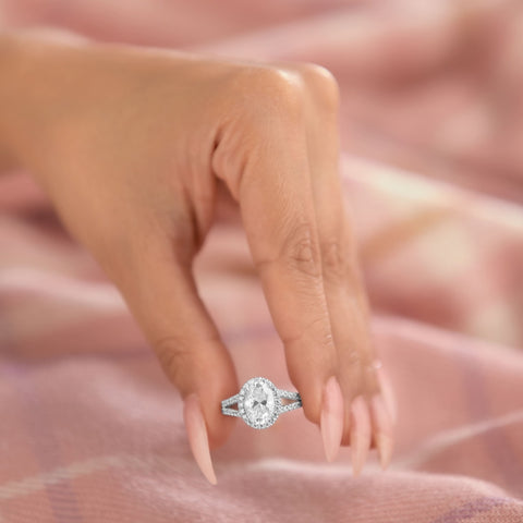 Leah 2.89 ct Lab Grown Oval Cut Halo Split Shank Diamond Engagement Ring