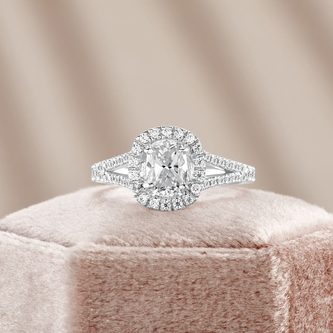 Stella 3.31 ct Lab Grown Cushion Cut Halo Split Shank Diamond Engagement Ring