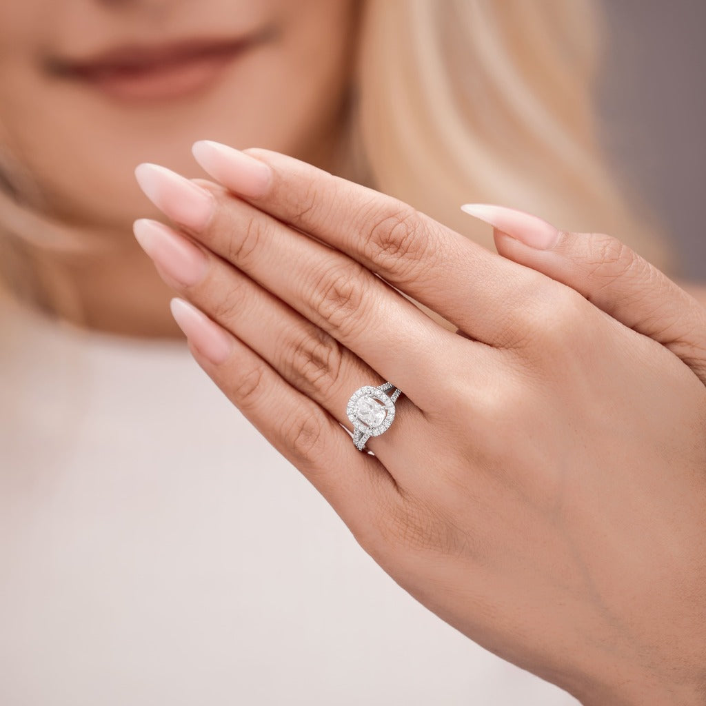 Stella 3.31 ct Lab Grown Cushion Cut Halo Split Shank Diamond Engagement Ring