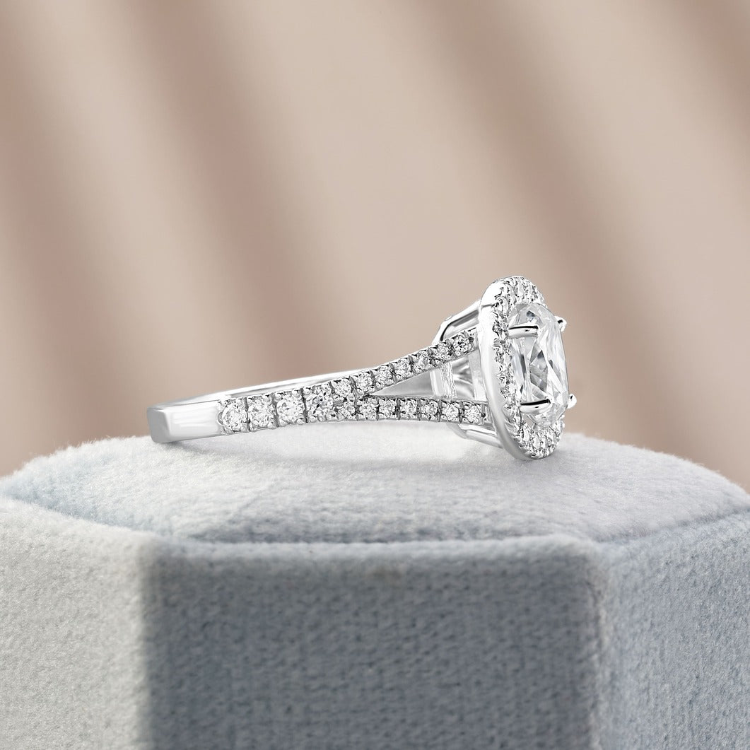 Stella 3.31 ct Lab Grown Cushion Cut Halo Split Shank Diamond Engagement Ring