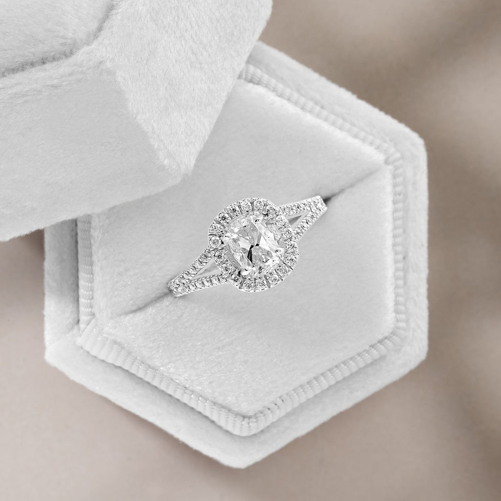 Stella 1.31 ct Lab Grown Cushion Cut Halo Split Shank Diamond Engagement Ring