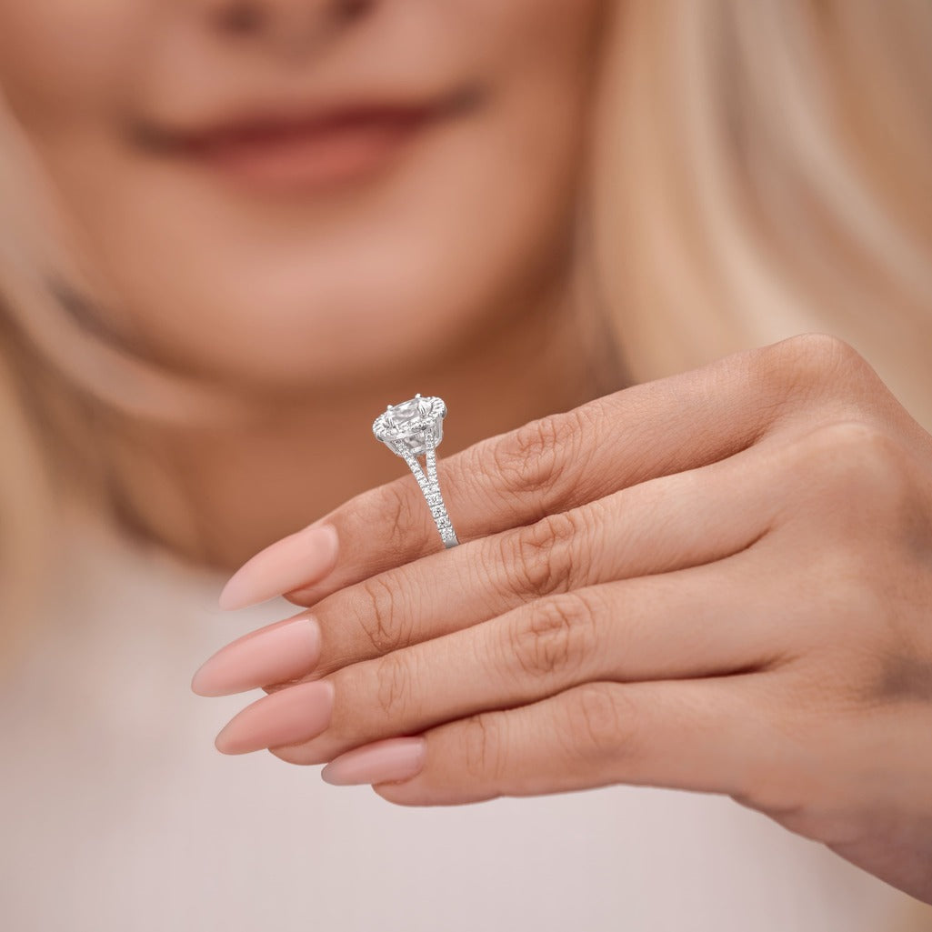 Stella 3.31 ct Lab Grown Cushion Cut Halo Split Shank Diamond Engagement Ring