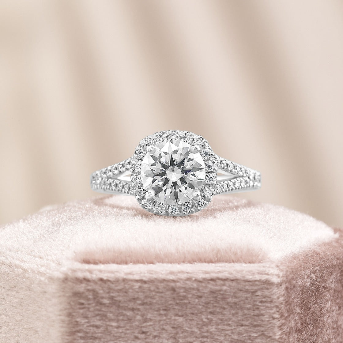Hannah 3.41 ct Lab Grown Cushion Cut Split Shank Halo Diamond Engagement Ring