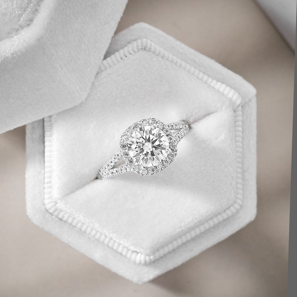 Hannah 2.41 ct Lab Grown Cushion Cut Split Shank Halo Diamond Engagement Ring