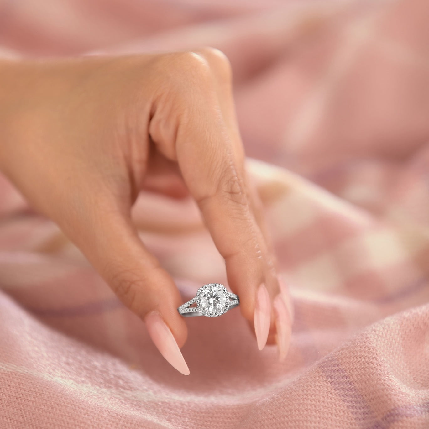 Hannah 3.41 ct Lab Grown Cushion Cut Split Shank Halo Diamond Engagement Ring