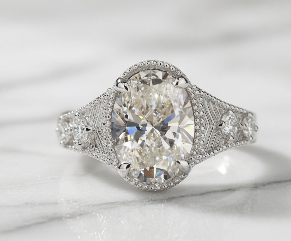 3.00 CT Art Deco Inspired Oval Cut Lab-Grown Diamond Engagement Ring in 14K White Gold – Antique Hand-Engraved Filigree Design