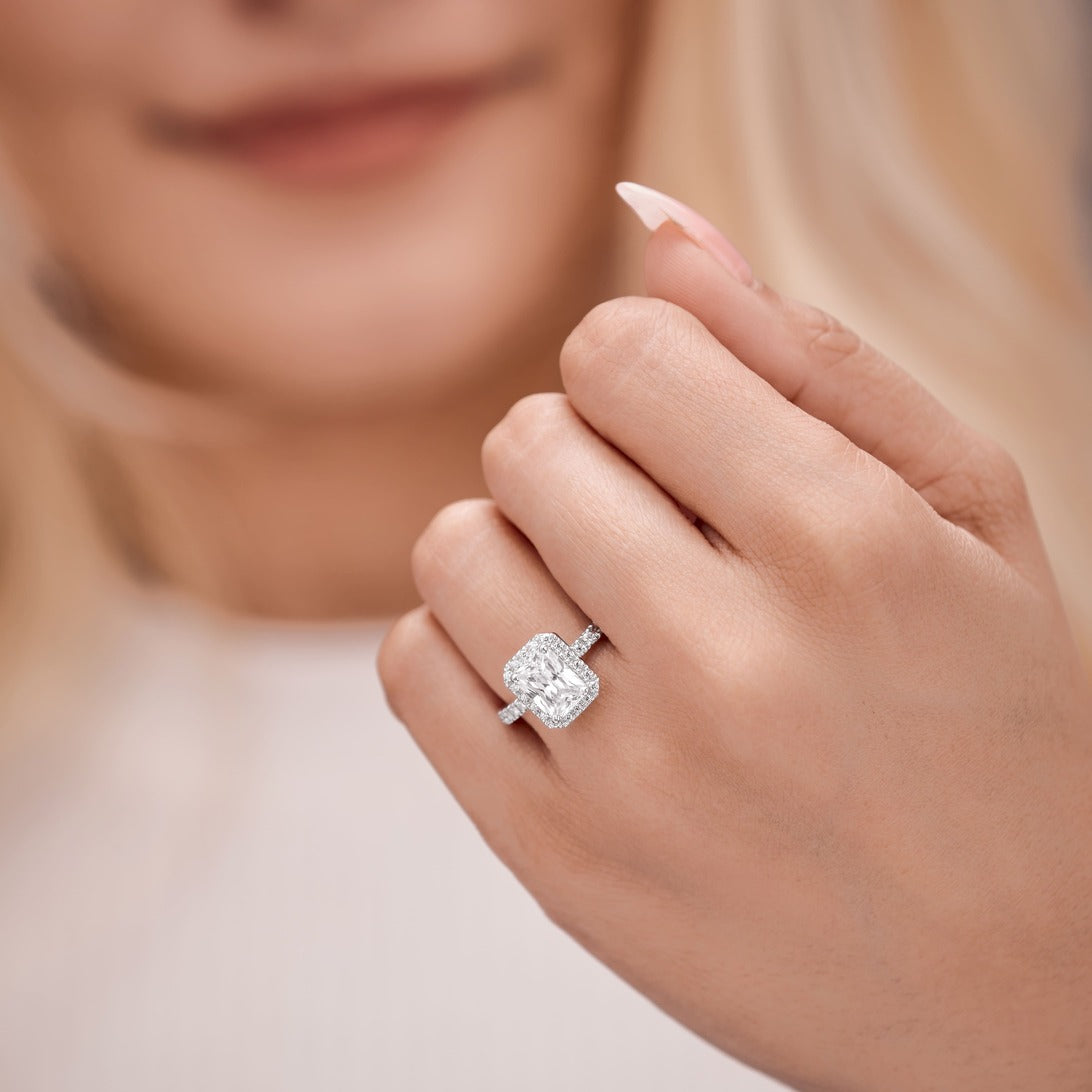 Lucy 2.87 ct Lab Grown Radiant Cut Halo Pave Diamond Engagement Ring