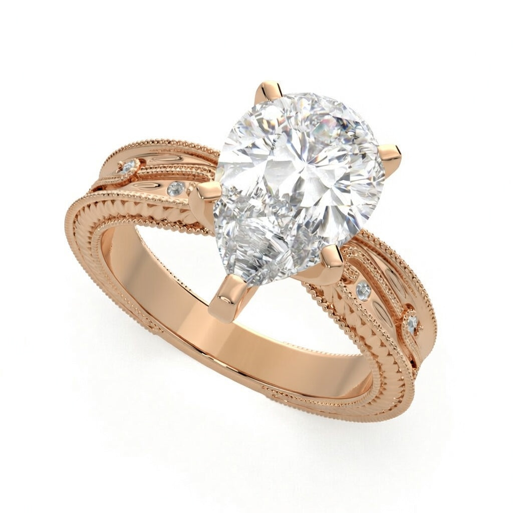 Sabrina 1 Carat Pear Cut Solitaire Hand Engraved Milgrain Engagement Ring