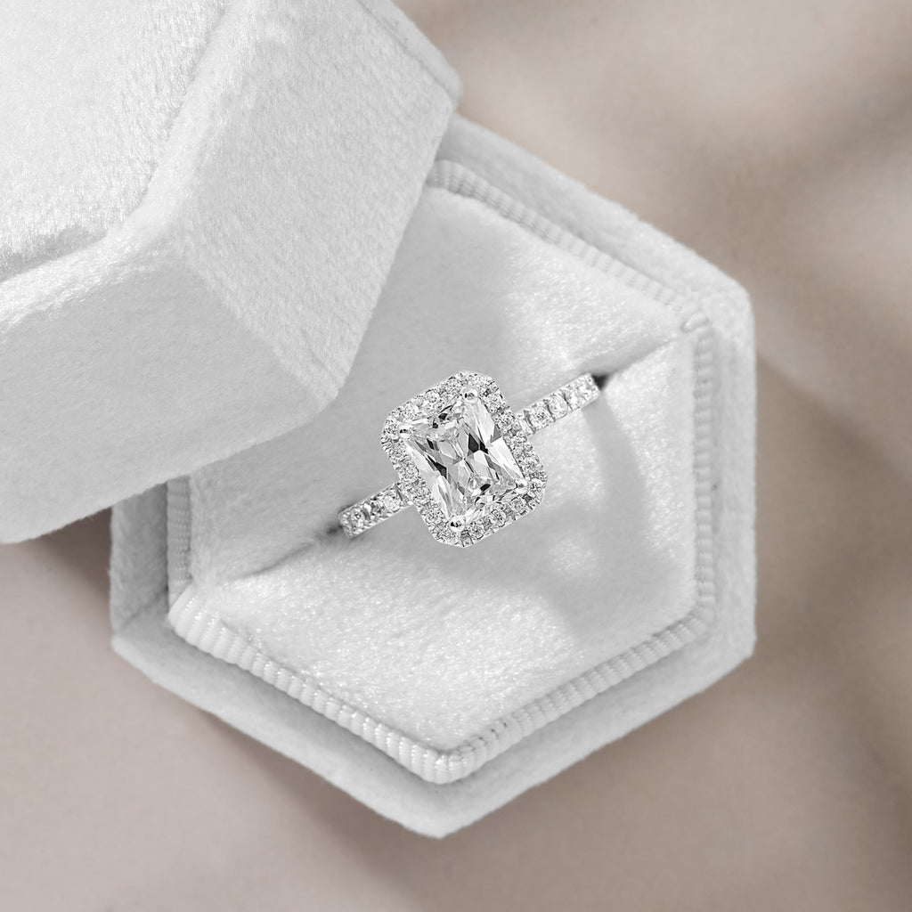 Lucy 1.37 ct Lab Grown Radiant Cut Halo Pave Diamond Engagement Ring