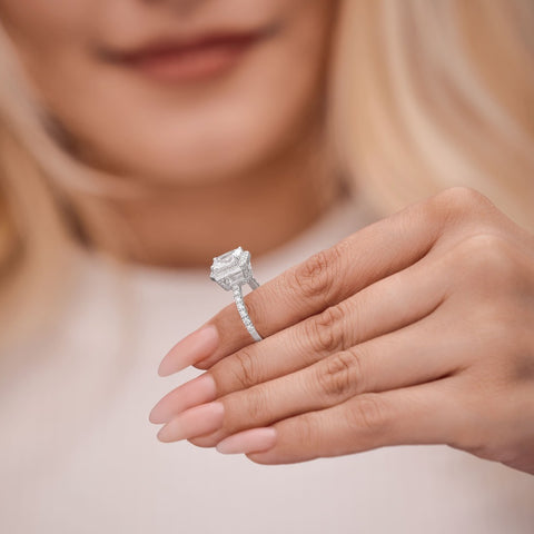 Lucy 3.37 ct Lab Grown Radiant Cut Halo Pave Diamond Engagement Ring