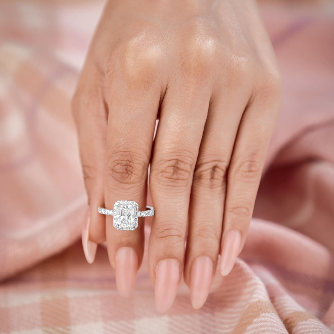 Lucy 1.87 ct Lab Grown Radiant Cut Halo Pave Diamond Engagement Ring